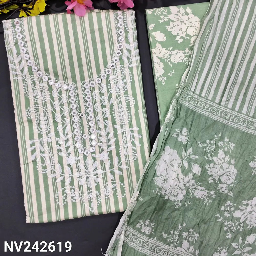 CODE NV242619: Light green vertical printed soft cotton unstitched salwar material embroidered &foil work