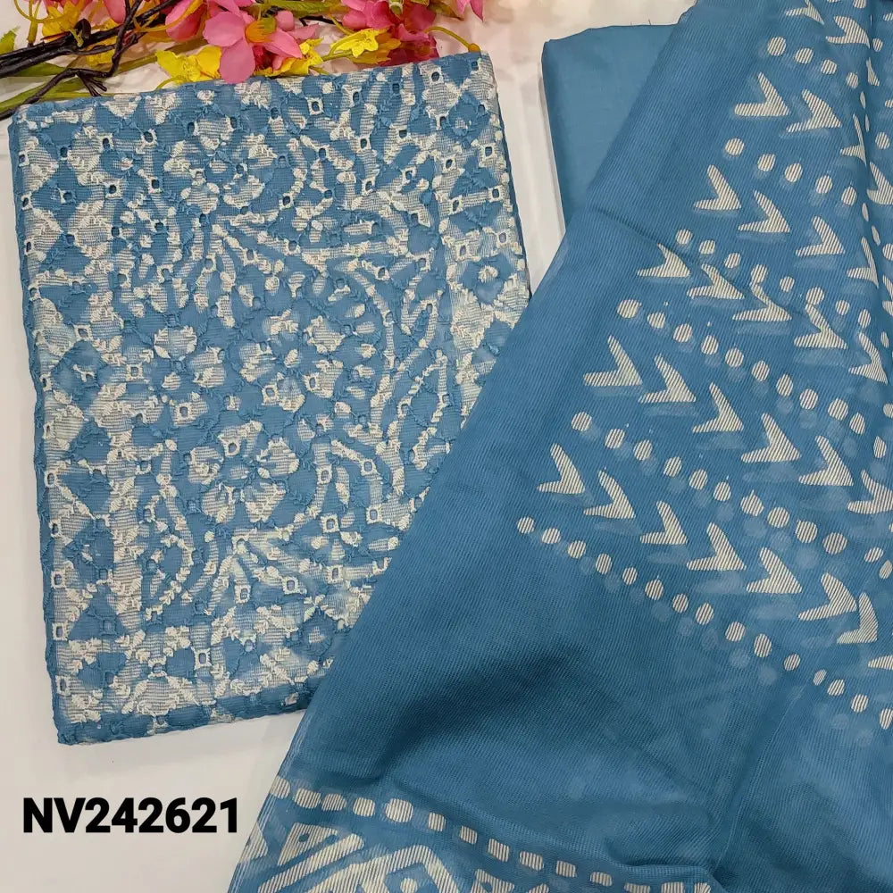 CODE NV242621: Blue fancy super net unstitched salwar material heavy schiffly embroidered on front batik design all