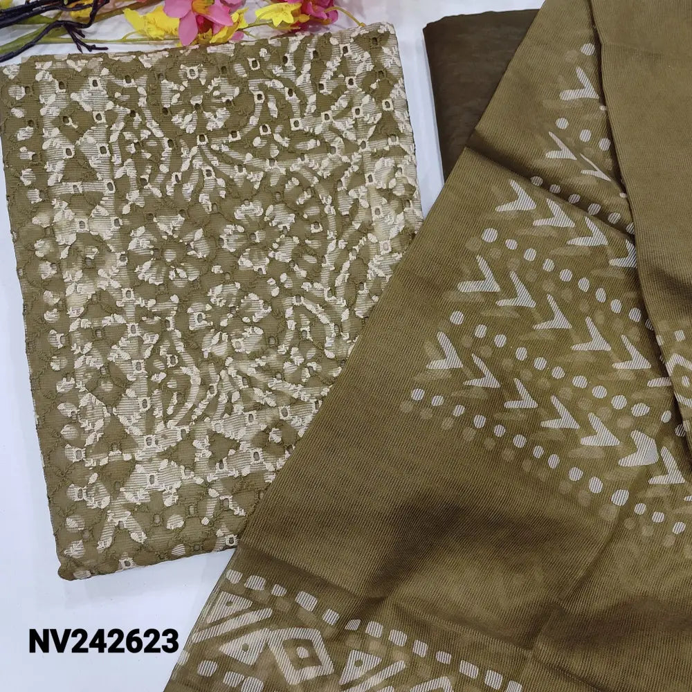 CODE NV242623: Olive green fancy super net unstitched salwar material heavy schiffly embroidered on front batik design