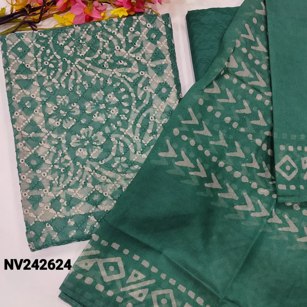 CODE NV242624: Teal green fancy super net unstitched salwar material heavy schiffly embroidered on front batik design