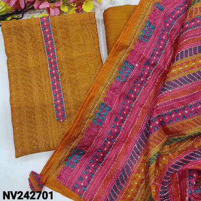 CODE NV242701: Light orange designer digital sobar printed silk cotton unstitched salwar material thread &sequins work