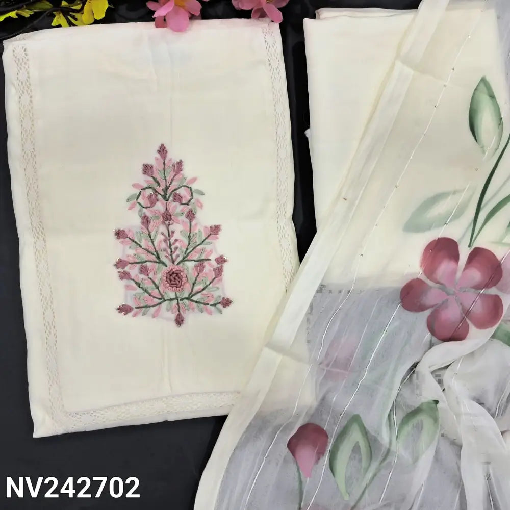 CODE NV242702: Half white soft silk cotton unstitched salwar material embroidered on yoke panel kind crochet lace