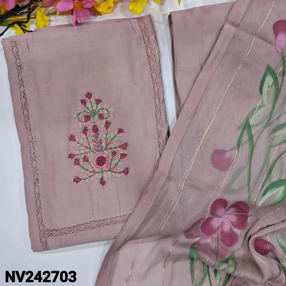 CODE NV242703: Pale pink soft silk cotton unstitched salwar material embroidered on yoke panel kind crochet lace
