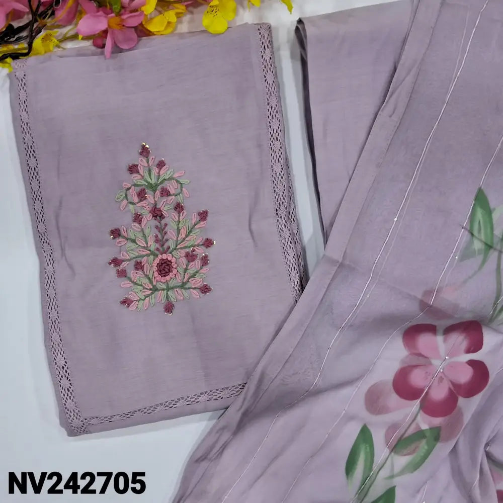 CODE NV242705: Lavender soft silk cotton unstitched salwar material embroidered on yoke panel kind crochet lace