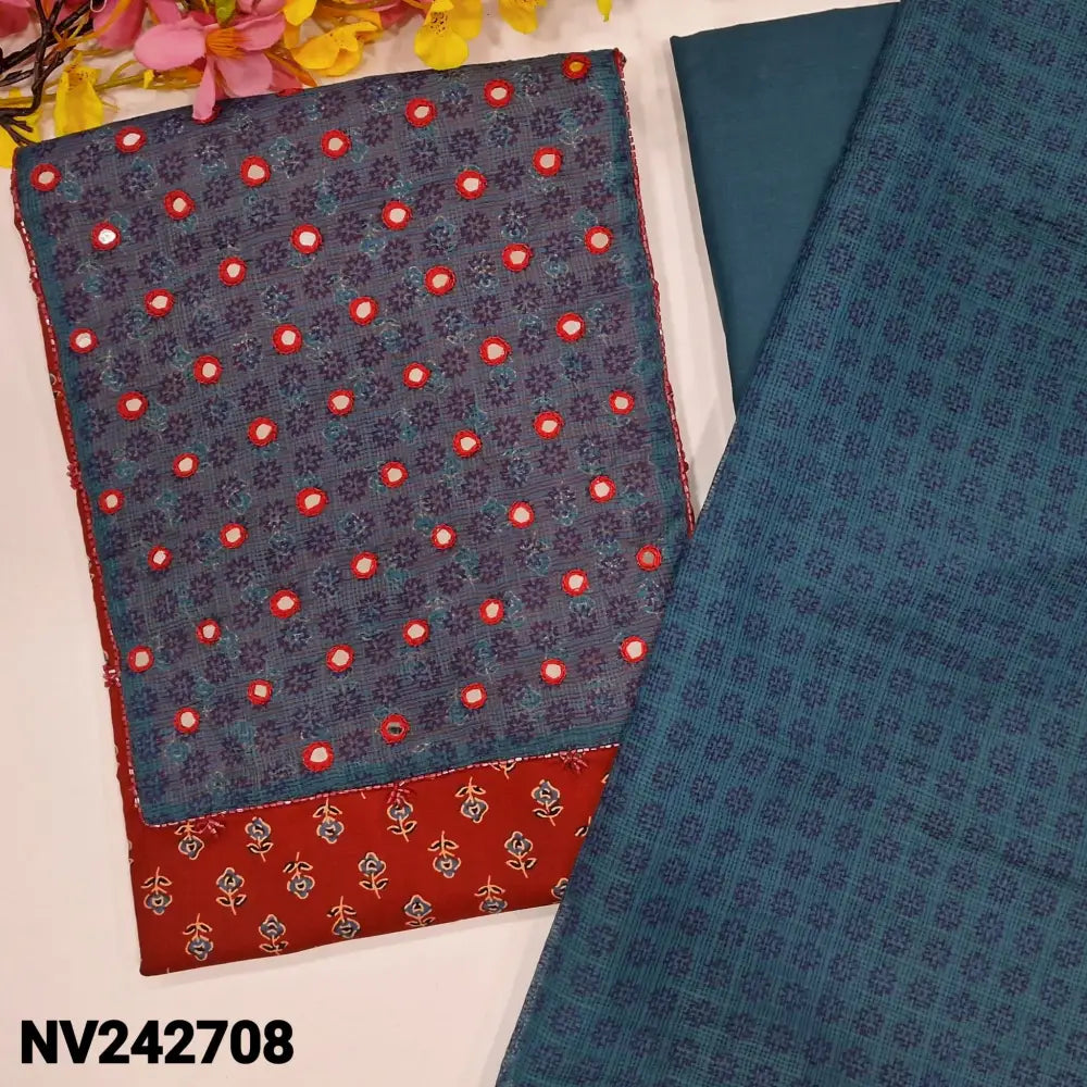 CODE NV242708: Reddish maroon printed premium cotton unstitched salwar material super net yoke with real mirror& bead