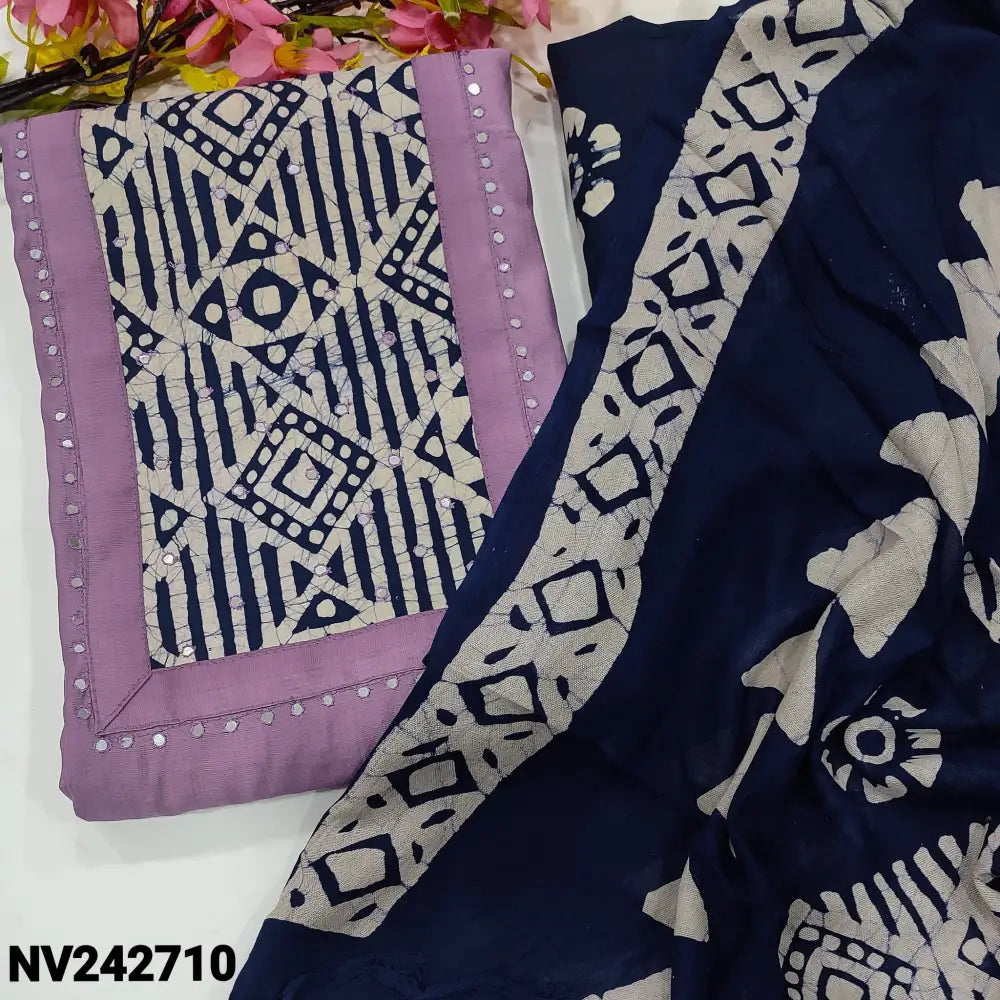 CODE NV242710: Light purple soft silk cotton unstitched salwar material batik dyed yoke patch with faux mirror