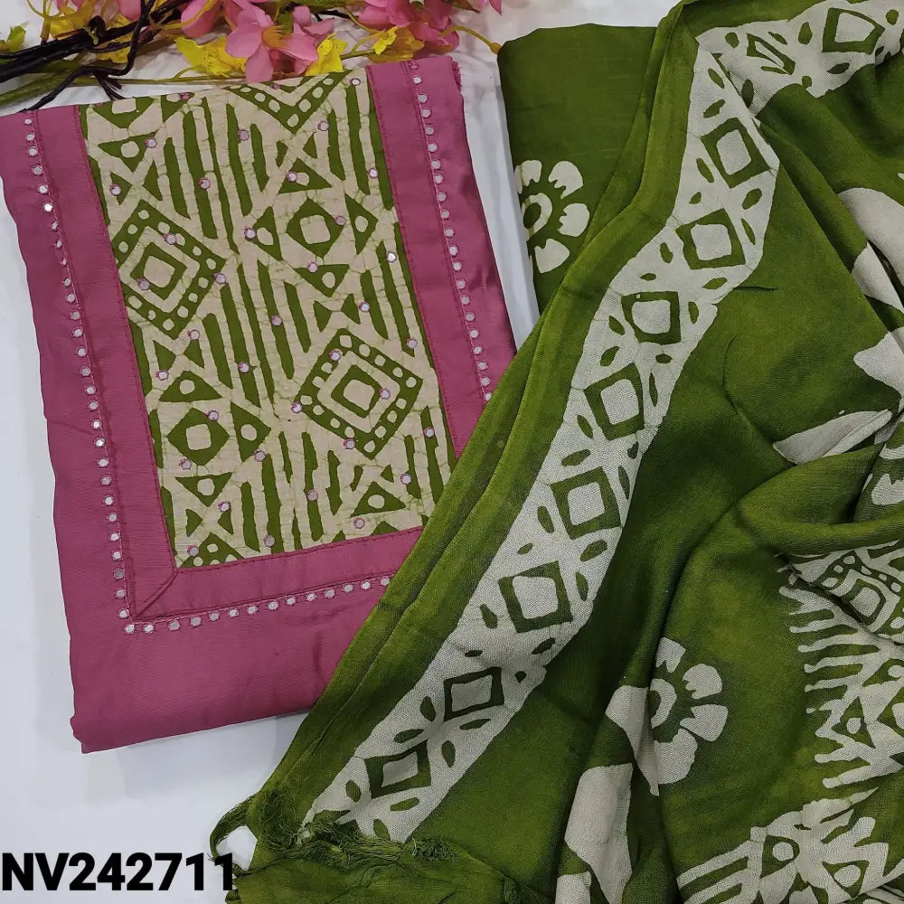 CODE NV242711: Pink soft silk cotton unstitched salwar material batik dyed yoke patch with faux mirror work(lining