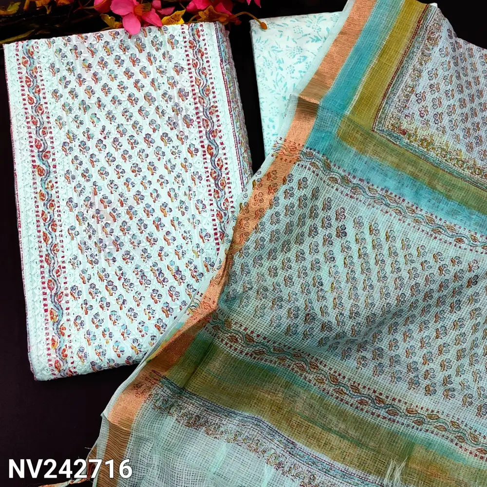 CODE NV242716: Pastel blue chikankari embroidered hand block printed cotton unstitched salwar material cut work& panel