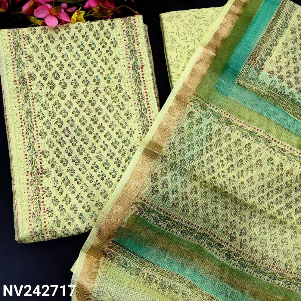 CODE NV242717: Light green chikankari embroidered hand block printed cotton unstitched salwar material cut work& panel
