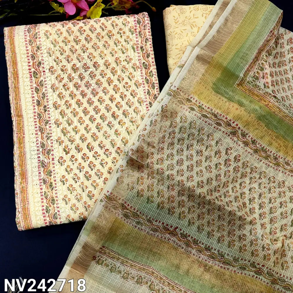 CODE NV242718: Pastel yellow chikankari embroidered hand block printed cotton unstitched salwar material cut work&