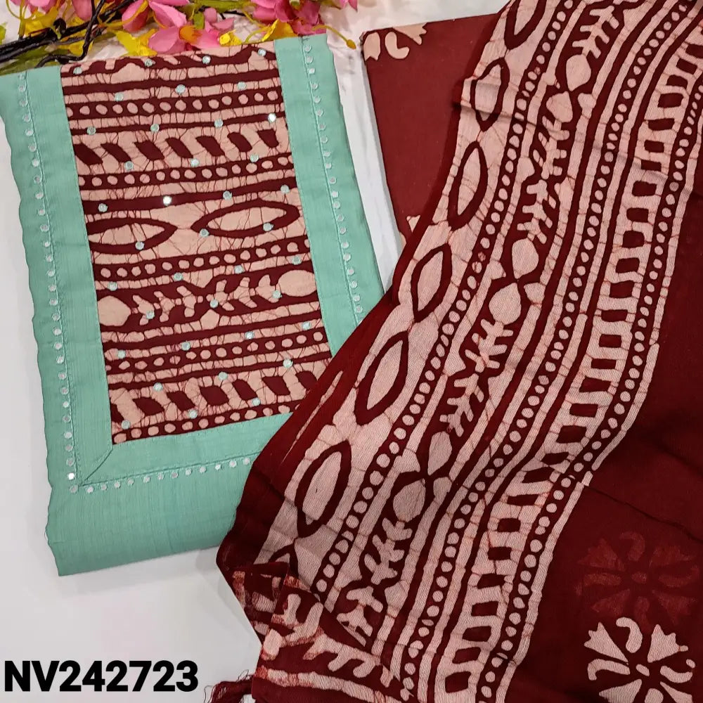 CODE NV242723: Pastel blue soft silk cotton unstitched salwar material batik dyed yoke patch with faux mirror