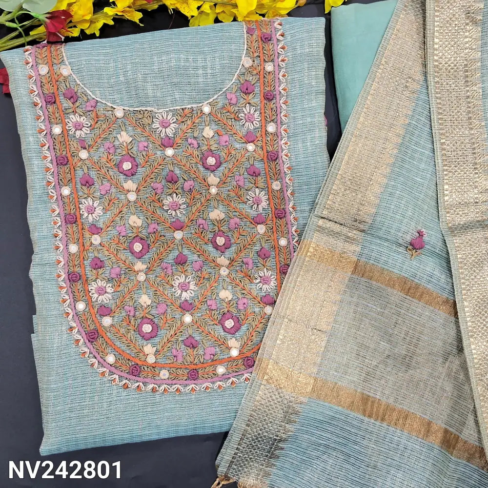 CODE NV242801: Pastel blue designer tissue kota silk cotton unstitched salwar material heavy hand embroidered