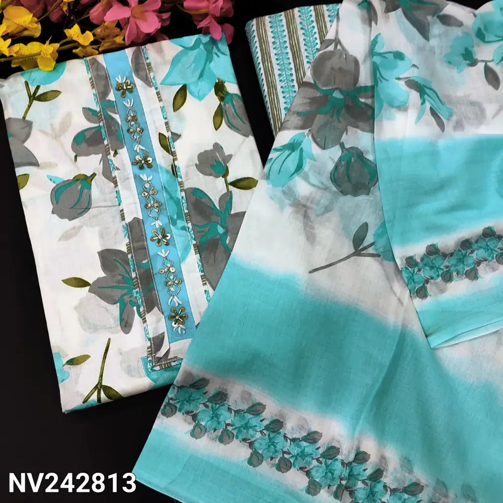 CODE NV242813: White base BLUE floral printed soft cotton unstitched salwar material zardozi& sequins work