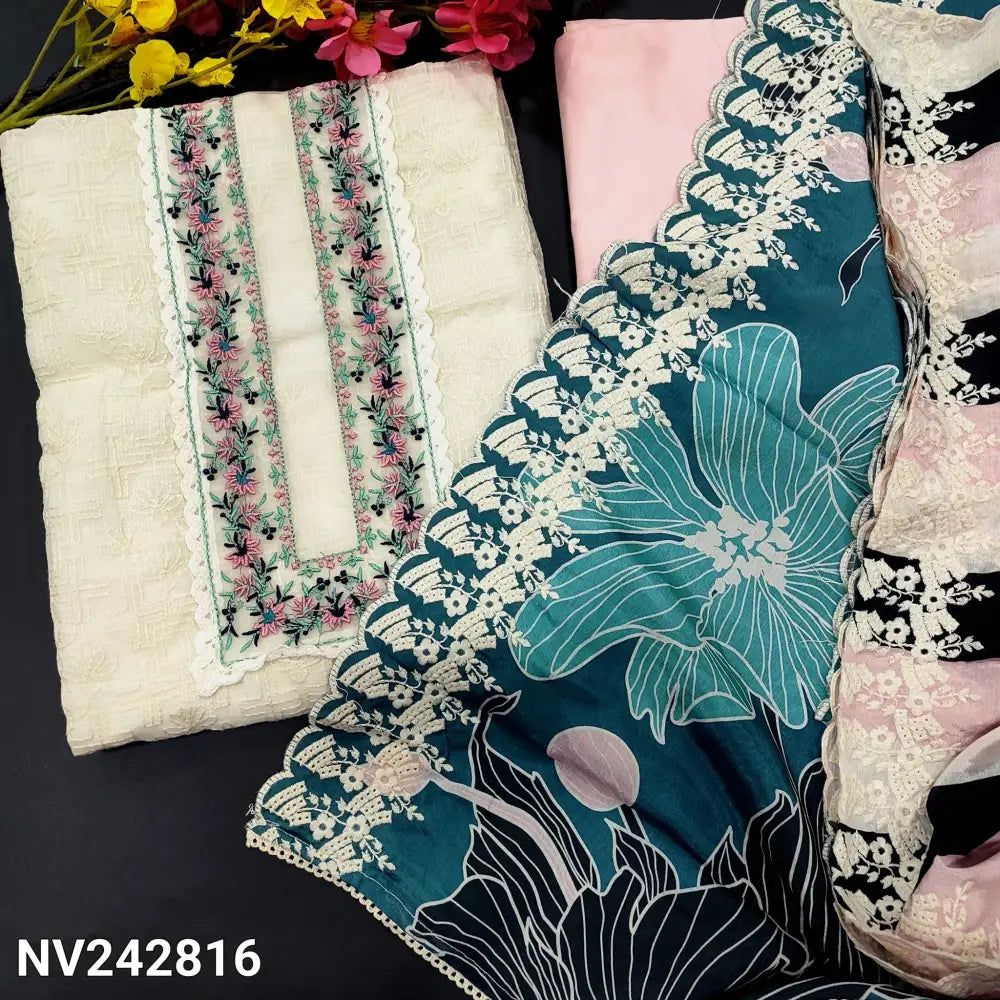 CODE NV242816: Half white fancy super net unstitched salwar material embroidered& lace work on yoke self embroidered