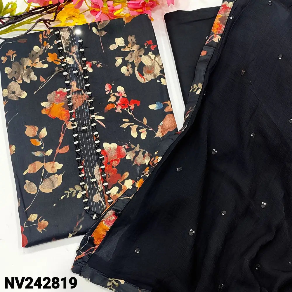 CODE NV242819: Black floral printed premium satin cotton unstitched salwar material real mirror work on yoke(lining