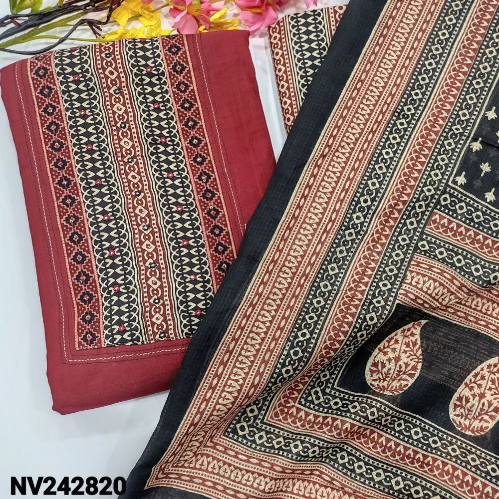 CODE NV242820: Maroon pure cotton unstitched salwar material printed yoke with faux mirror work(lining optional)block