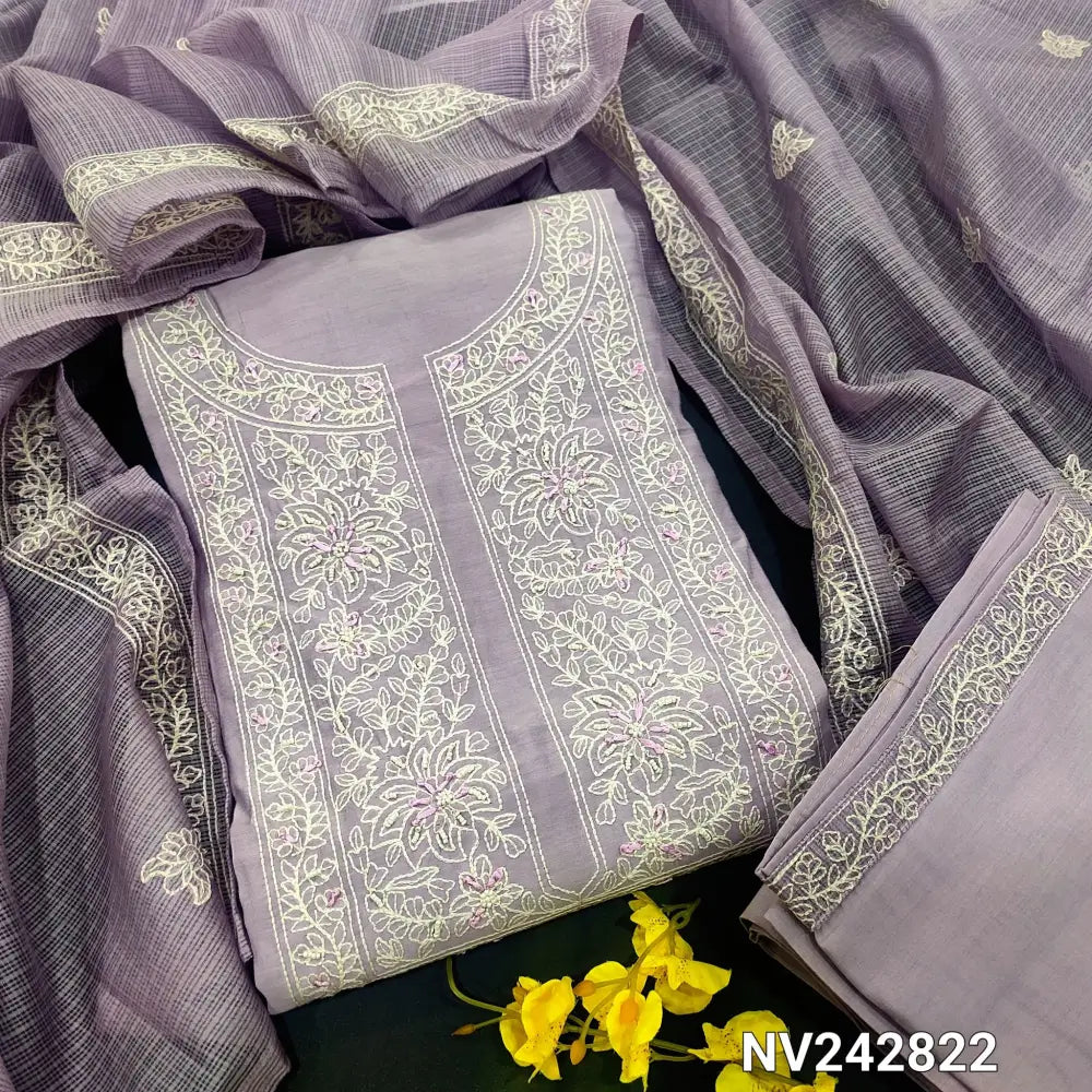 CODE NV242822: Lavender silk cotton unstitched salwar material embroidered bead& sequins work on yoke floral