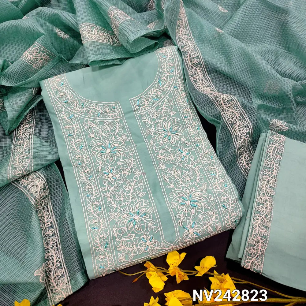 CODE NV242823: Pastel blue silk cotton unstitched salwar material embroidered bead& sequins work on yoke floral