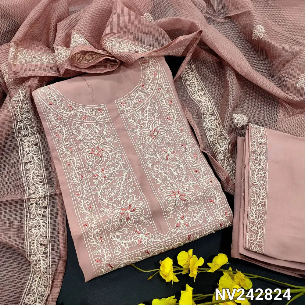 CODE NV242824: Pastel pink silk cotton unstitched salwar material embroidered bead& sequins work on yoke floral