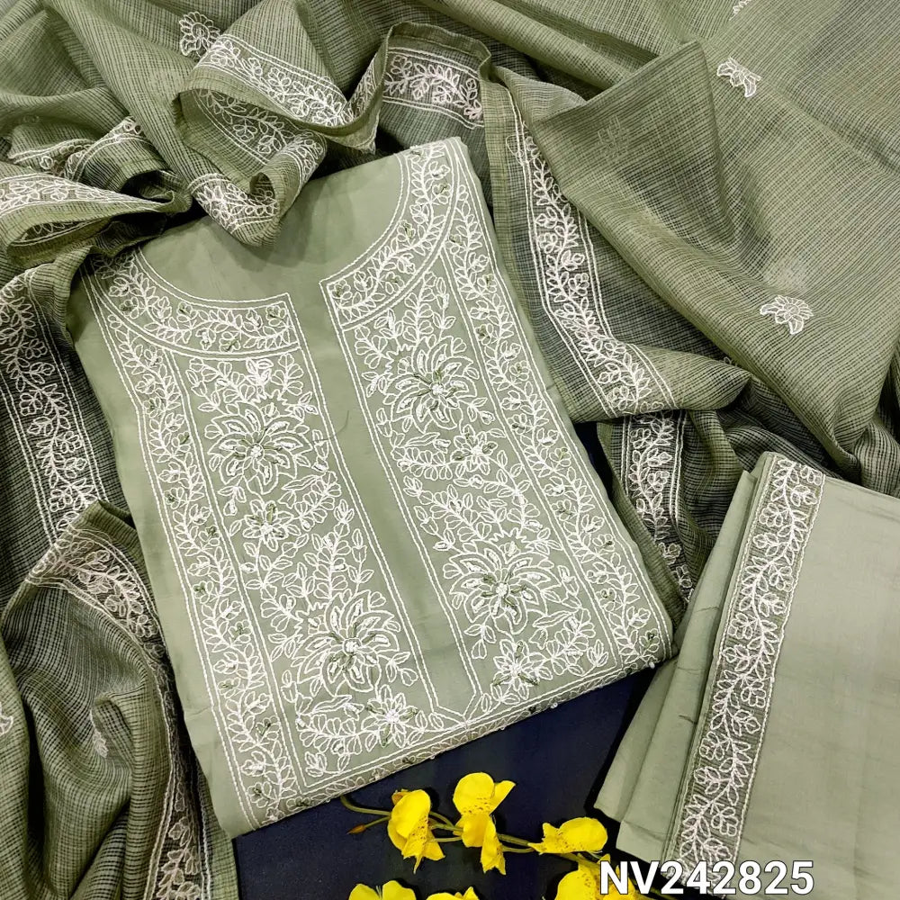 CODE NV242825: Pastel green silk cotton unstitched salwar material embroidered bead& sequins work on yoke floral