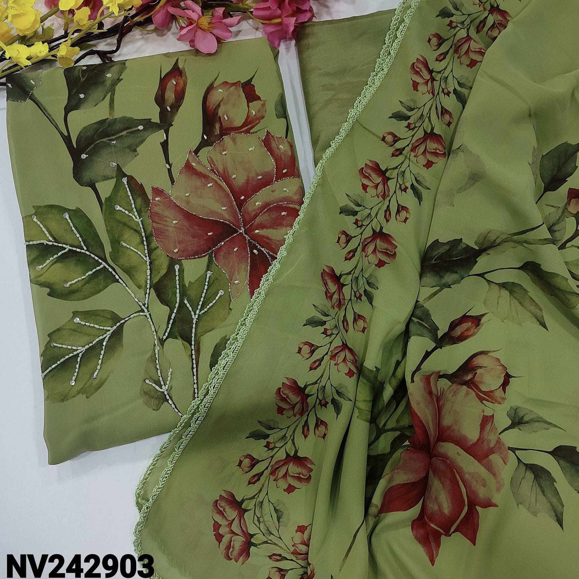 CODE NV242903: Cardamom green digital printed semi georgette unstitched salwar material bead zari& sequins work