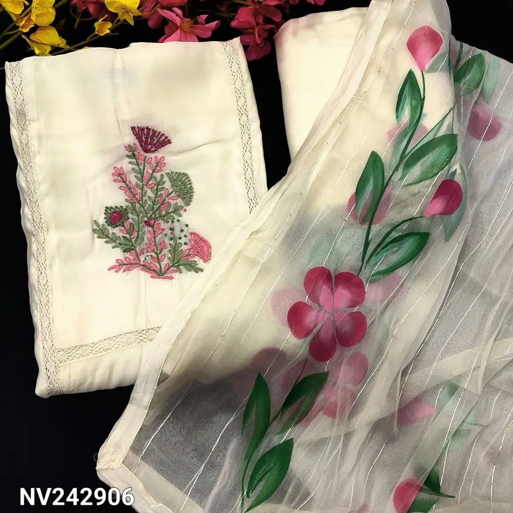 CODE NV242906: Half white soft silk cotton unstitched salwar material embroidered on yoke panel kind crochet lace work