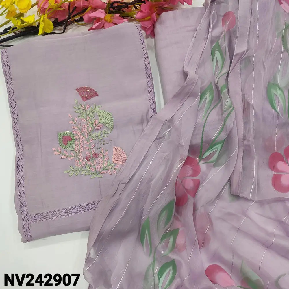 CODE NV242907: Lavender soft silk cotton unstitched salwar material embroidered on yoke panel kind crochet lace work