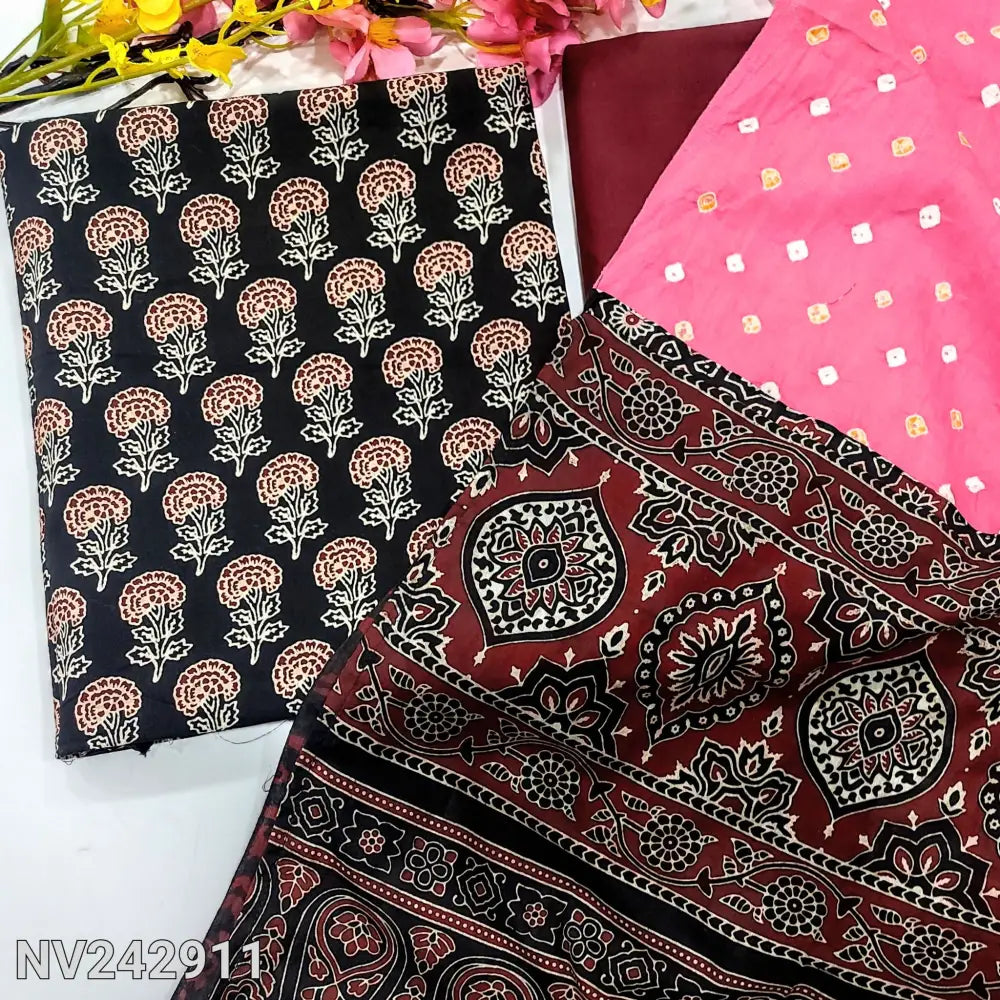 CODE NV242911: Black ajrak hand block printed premium cotton unstitched salwar material(lining optional)maroon pure