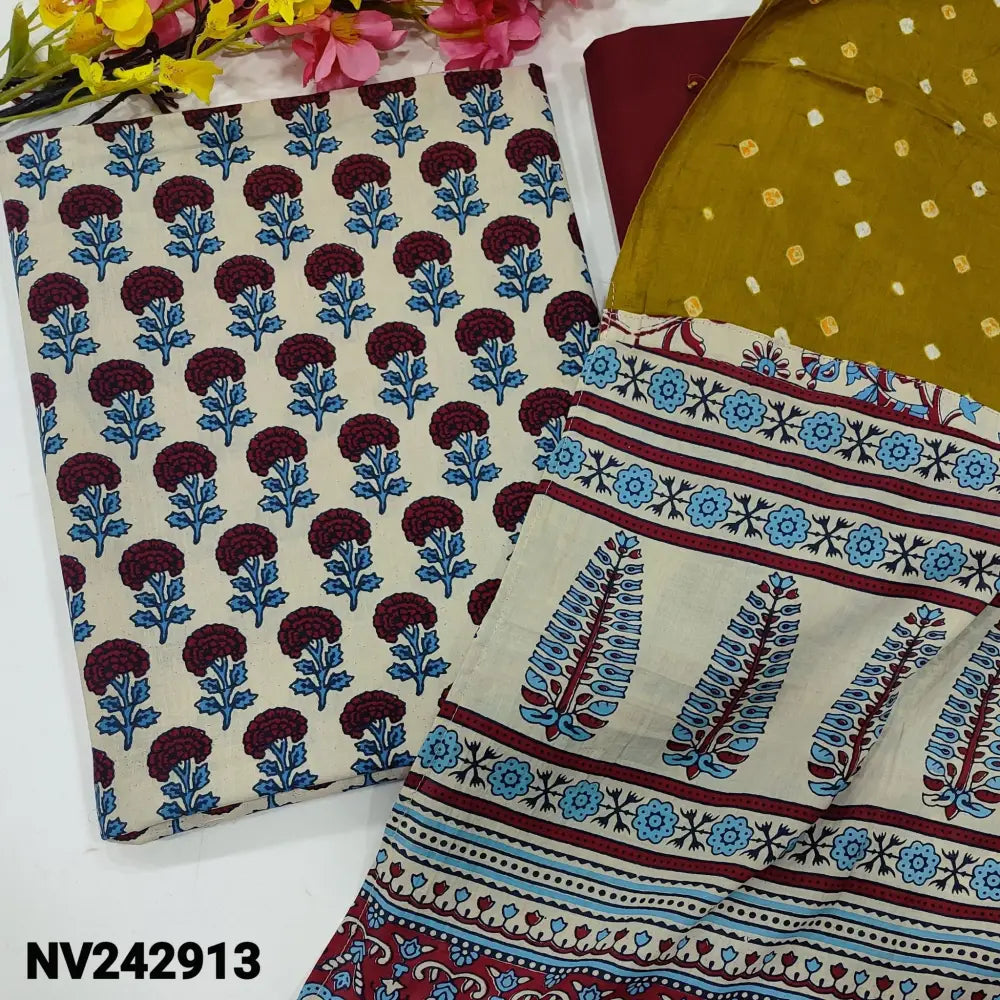 CODE NV242913: Half white ajrak hand block printed premium cotton unstitched salwar material(lining optional)maroon