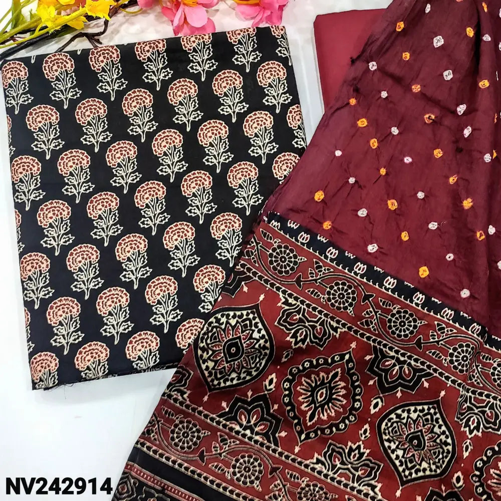 CODE NV242914: Black ajrak hand block printed premium cotton unstitched salwar material(lining optional)maroon pure