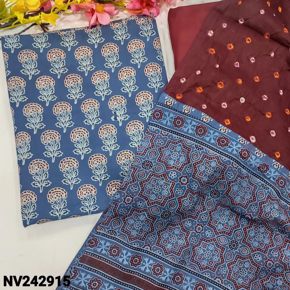 CODE NV242915: Indigo blue ajrak hand block printed premium cotton unstitched salwar material(lining optional)maroon