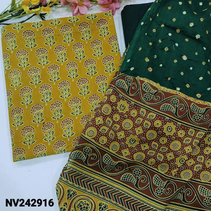 CODE NV242916: Mehandhi yellow ajrak hand block printed premium cotton unstitched salwar material(lining optional)black