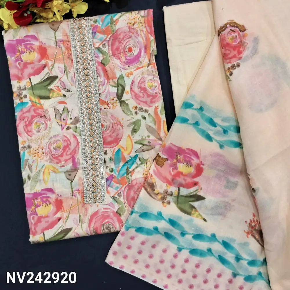 CODE NV242920: Beige base floral printed soft cotton zari& sequins work on yoke(lining needed)thin cotton fabric