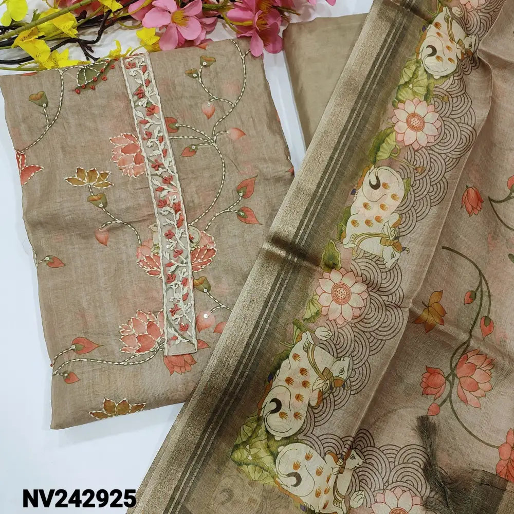 CODE NV242925: Greyish beige digital printed premium silk cotton unstitched salwar material thread& sequins work