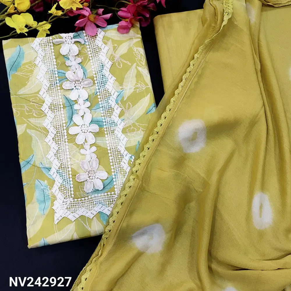 CODE NV242927: Mehandhi yellow leafy printed soft cotton unstitched salwar material lace work on yoke(lining