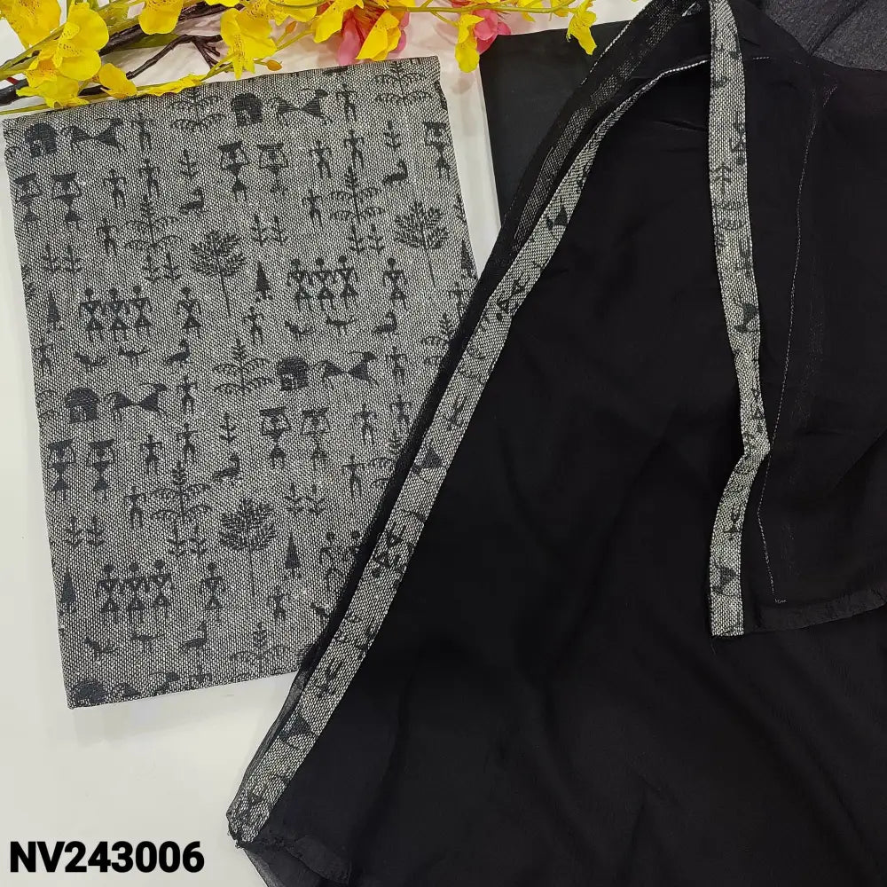 CODE NV243006: Grey base warli printed premium jute cotton unstitched salwar material(lining optional)black cotton