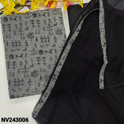 CODE NV243006: Grey base warli printed premium jute cotton unstitched salwar material(lining optional)black cotton