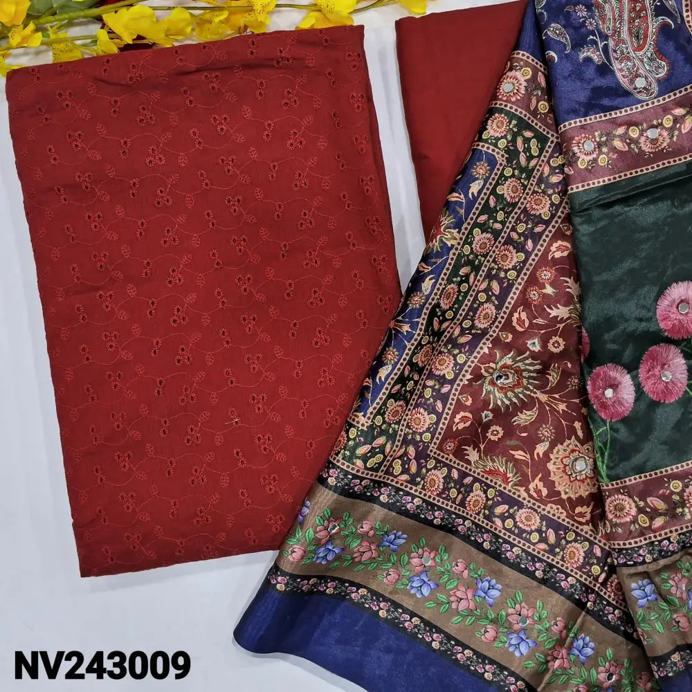 CODE NV243009: Reddish maroon schiffli embroidered premium cotton unstitched salwar material(thin fabric lining