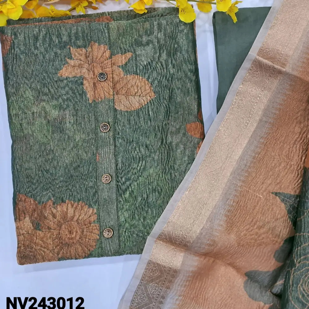 CODE NV243012: Cement green with golden tint digital printed crinkled tissue silk cotton unstitched salwar