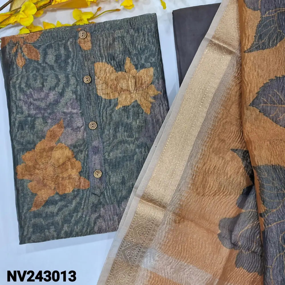 CODE NV243013: Grey with golden tint digital printed crinkled tissue silk cotton unstitched salwar material(thin fabric
