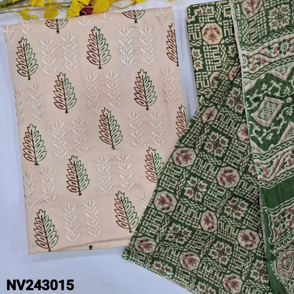 CODE NV243015: Light beige block printed premium soft satin cotton unstitched salwar material self embroidered