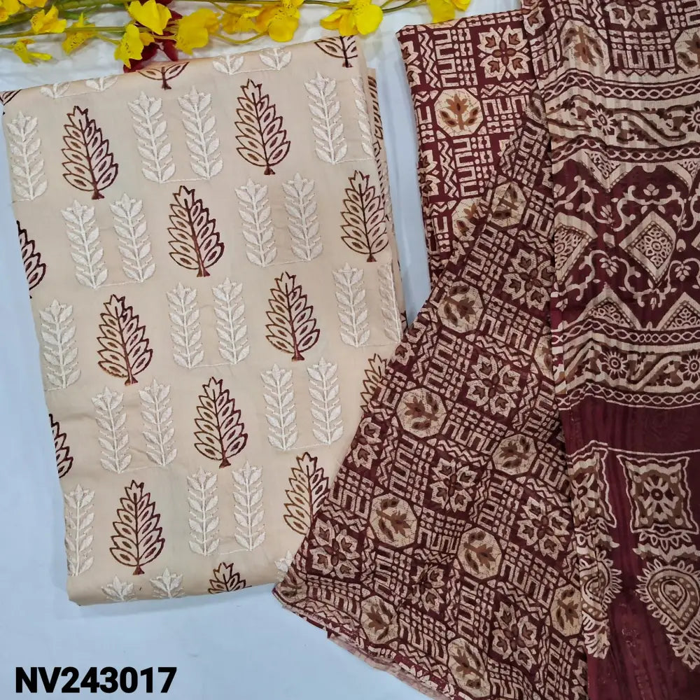 CODE NV243017: Light beige block printed premium soft satin cotton unstitched salwar material self embroidered