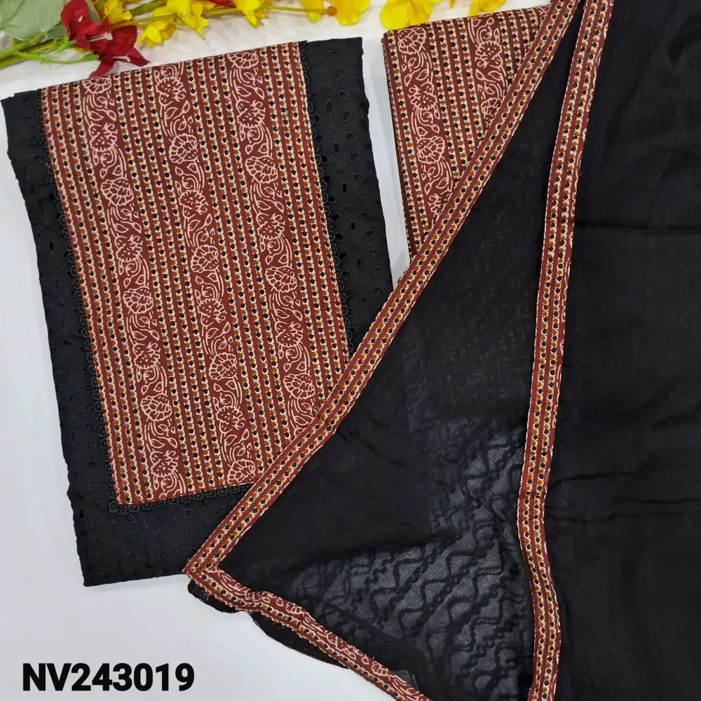 CODE NV243019: Black schiffli embroidered silk cotton unstitched salwar material printed yoke patch(thin fabric lining