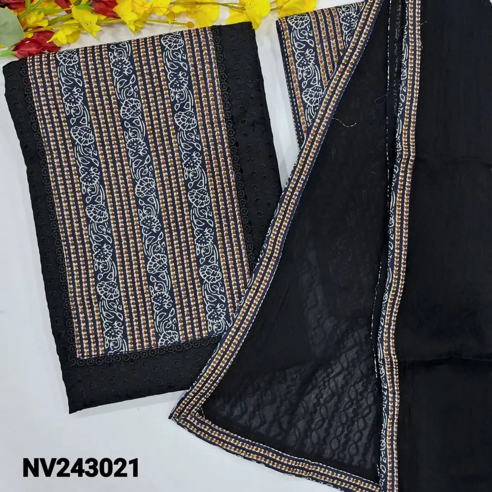 CODE NV243021: Black schiffli embroidered silk cotton unstitched salwar material printed yoke patch(thin fabric lining
