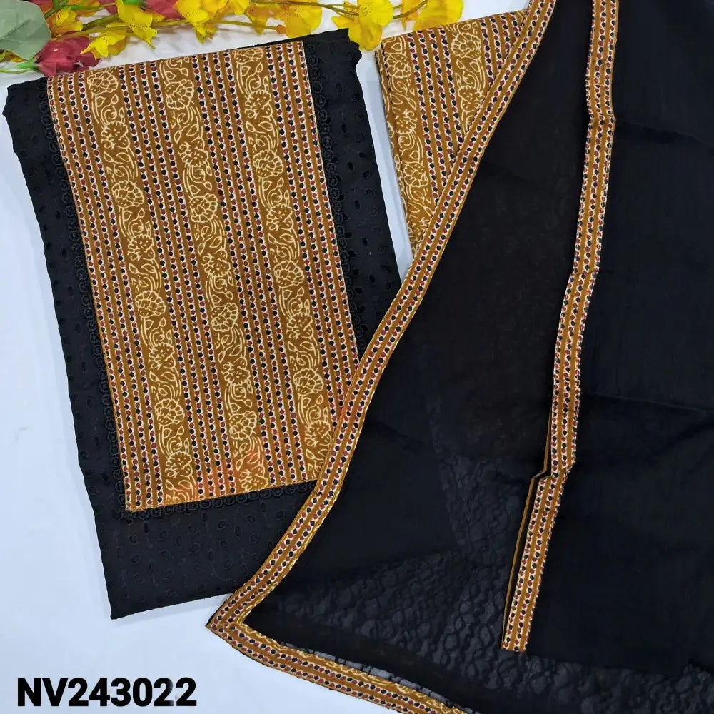 CODE NV243022: Black schiffli embroidered silk cotton unstitched salwar material printed yoke patch(thin fabric lining