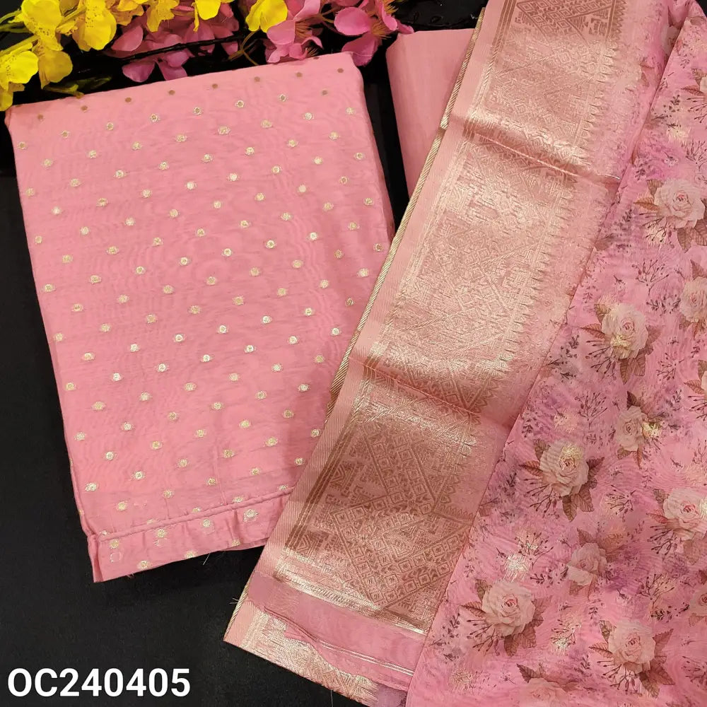 CODE OC240405: Pastel pink silk cotton unstitched salwar material zari buttas on front(thin fabric lining