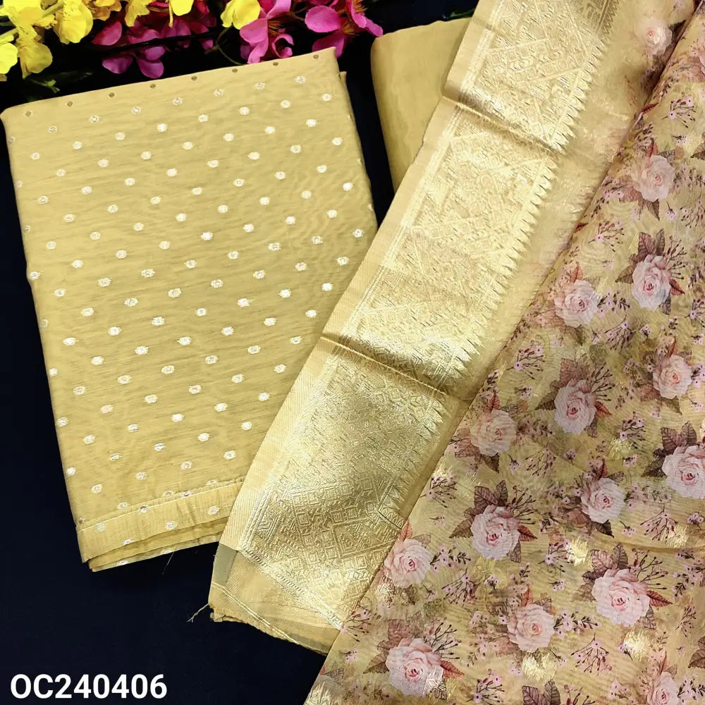 CODE OC240406: Sandal yellow silk cotton unstitched salwar material zari buttas on front(thin fabric lining