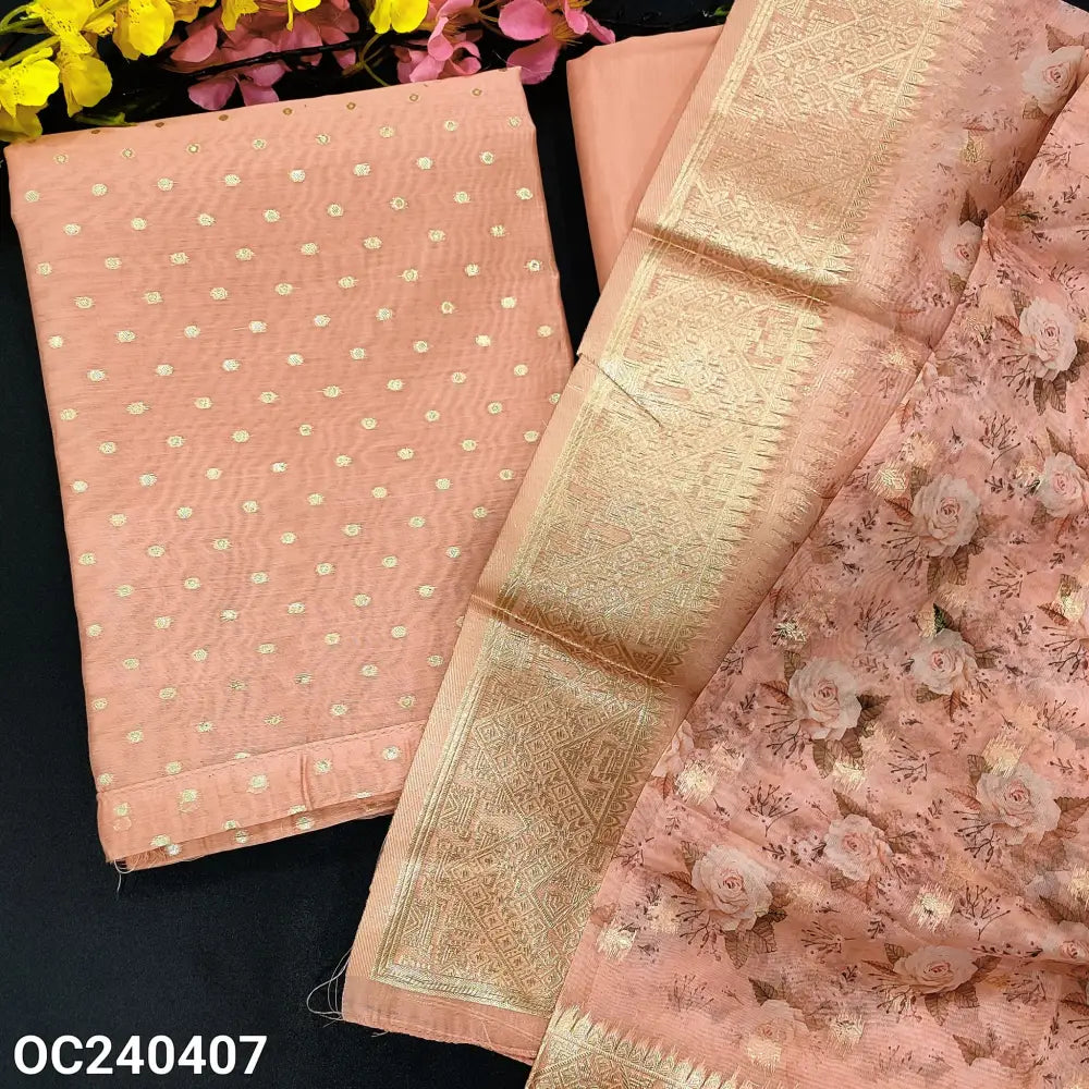 CODE OC240407: Pastel peach silk cotton unstitched salwar material zari buttas on front(thin fabric lining