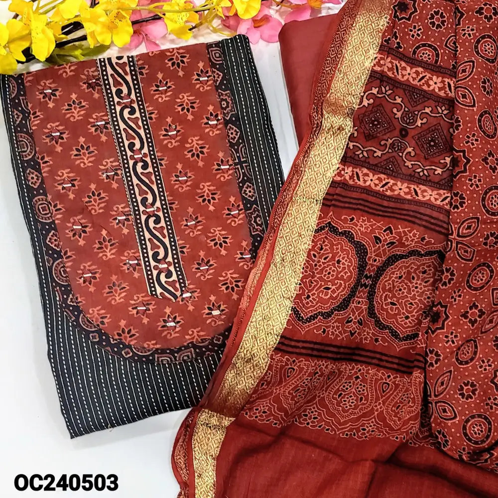 CODE OC240503: Black pure kantha cotton unstitched salwar material ajrak yoke with real mirror work(lining