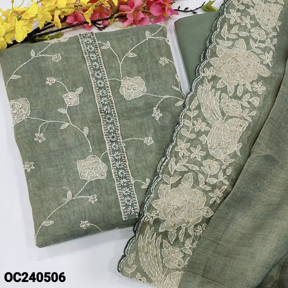 CODE OC240506: Grey with golden tint printed tissue linen unstitched salwar material rich hand work on yoke& front(thin